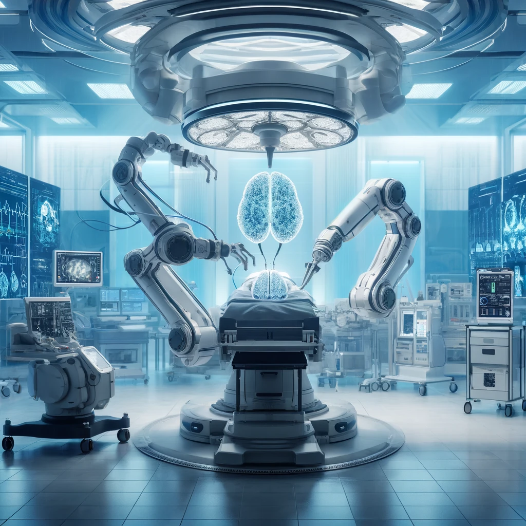 Dieses KI-generiertes Bild zeigt eine futuristische Szene in einem Operationssaal: in der Mitte ist der optisch zu sehen und um ihn herum sind. Roboter Arme, die eine Kopftransplantation durchführen