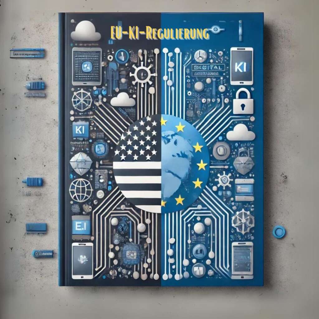 llustration eines geteilten Bildes, das die digitalen Unterschiede zwischen den USA und Europa symbolisiert. Die linke Seite repräsentiert die USA mit Symbolen für digitalen Fortschritt wie Netzwerkknoten und digitale Schaltkreise. Die rechte Seite steht für Europa und zeigt Symbole für Beschränkungen, wie kleine Vorhängeschlösser und Barrieren, die auf regulatorische Hürden hinweisen. Das Bild ist in modernen Blau- und Grautönen gehalten und vermittelt eine technologische, zukunftsorientierte Atmosphäre.